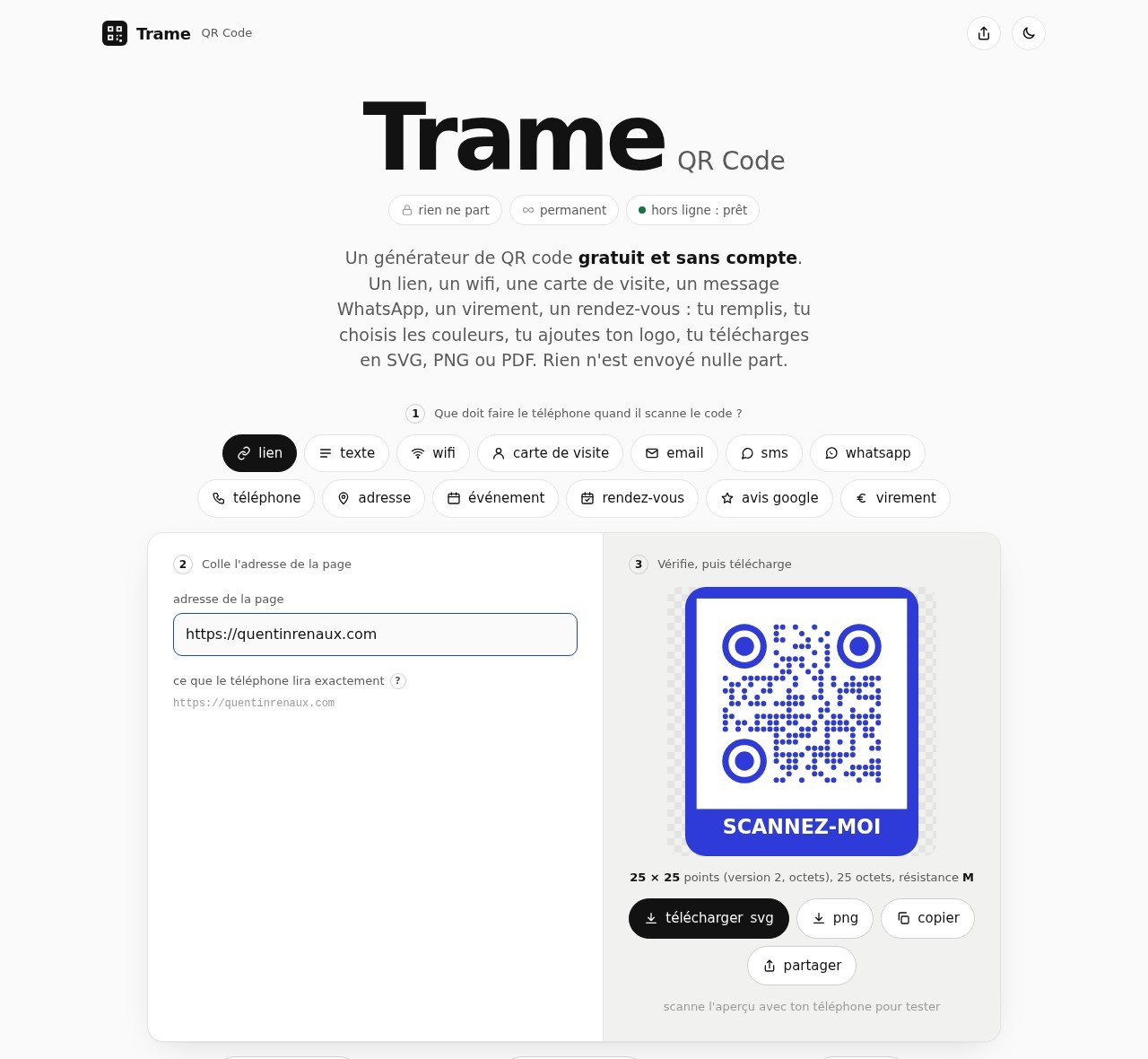 Trame, générateur de QR code en ligne : un QR code bleu à points ronds et son cadre scannez-moi