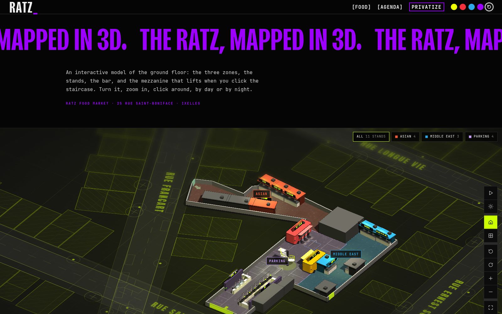 Plan 3D interactif du RATZ Food Market développé en Three.js