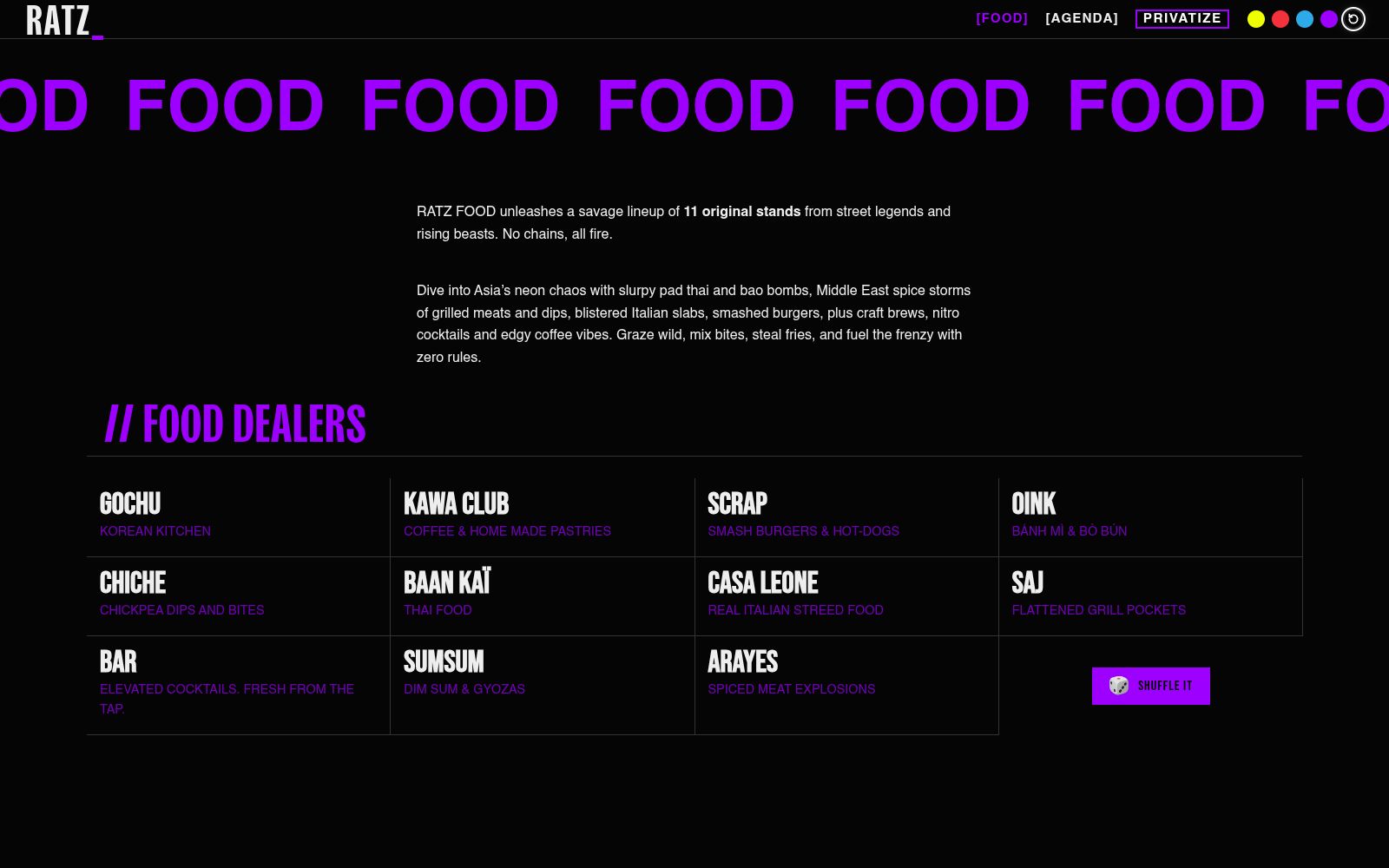 Page Food du site RATZ : la liste des stands du food market