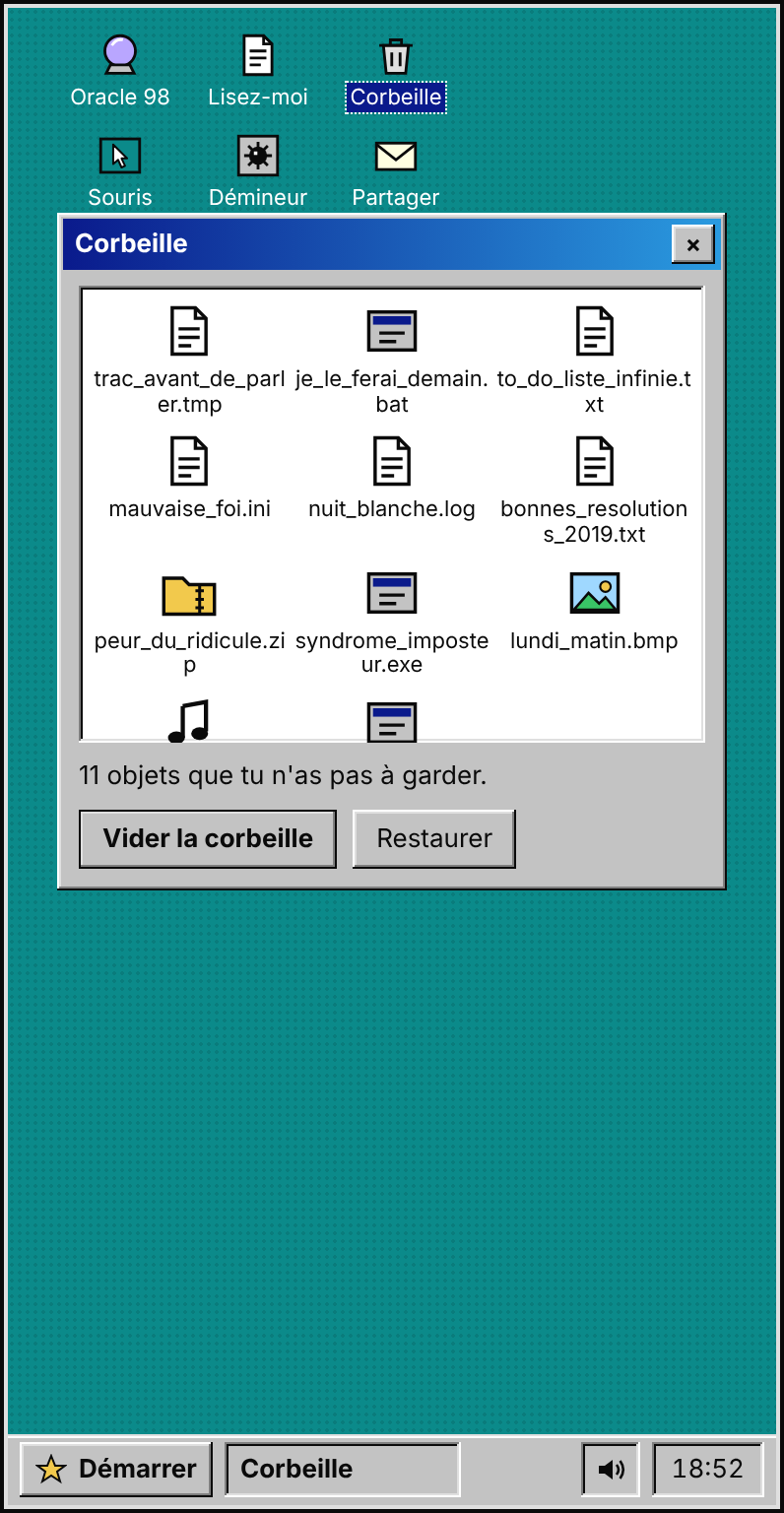 La Corbeille d'Oracle 98, remplie de fichiers aux noms absurdes comme syndrome_imposteur.exe