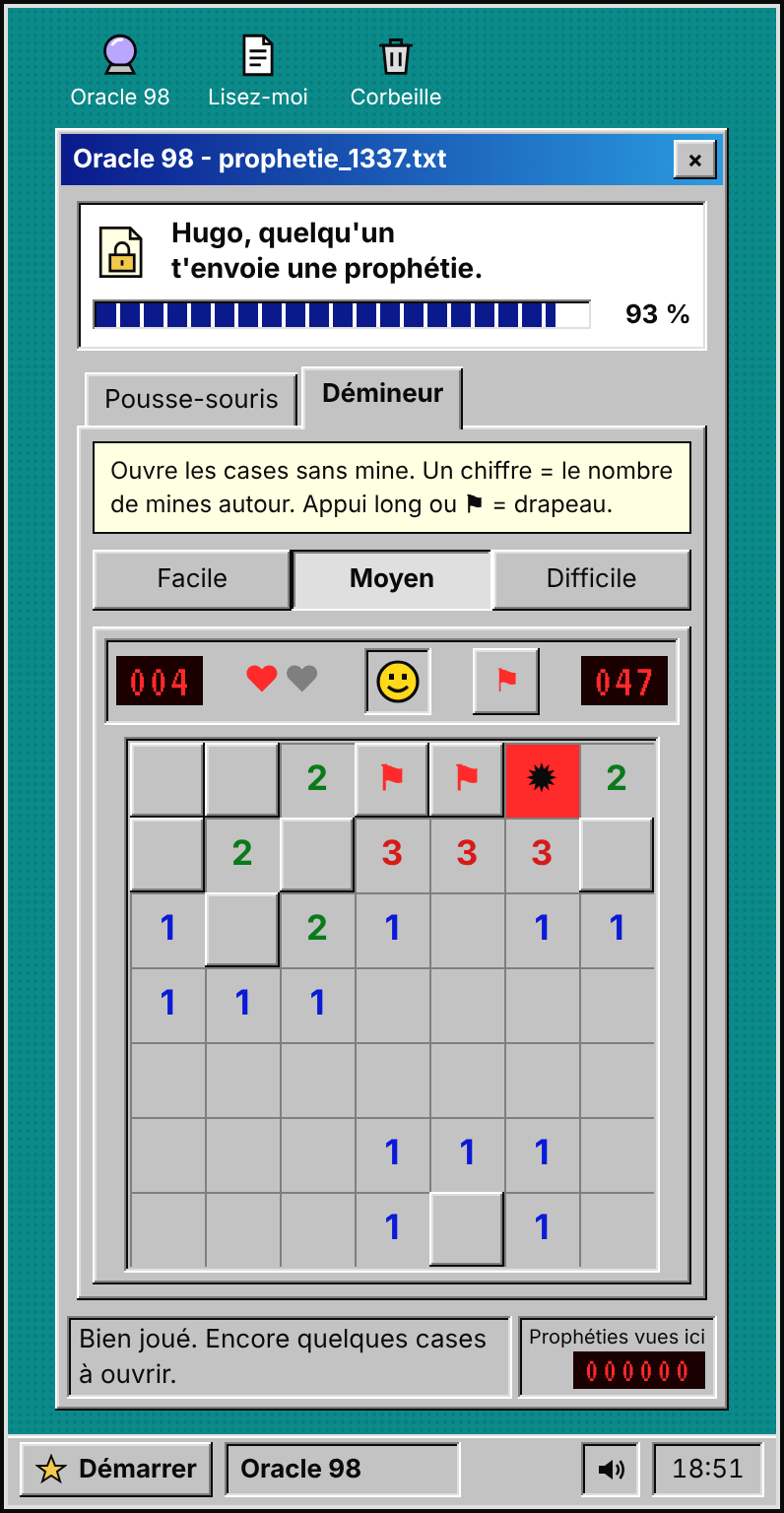 Le démineur d'Oracle 98 en cours de partie, avec des cases ouvertes, des drapeaux et le smiley jaune