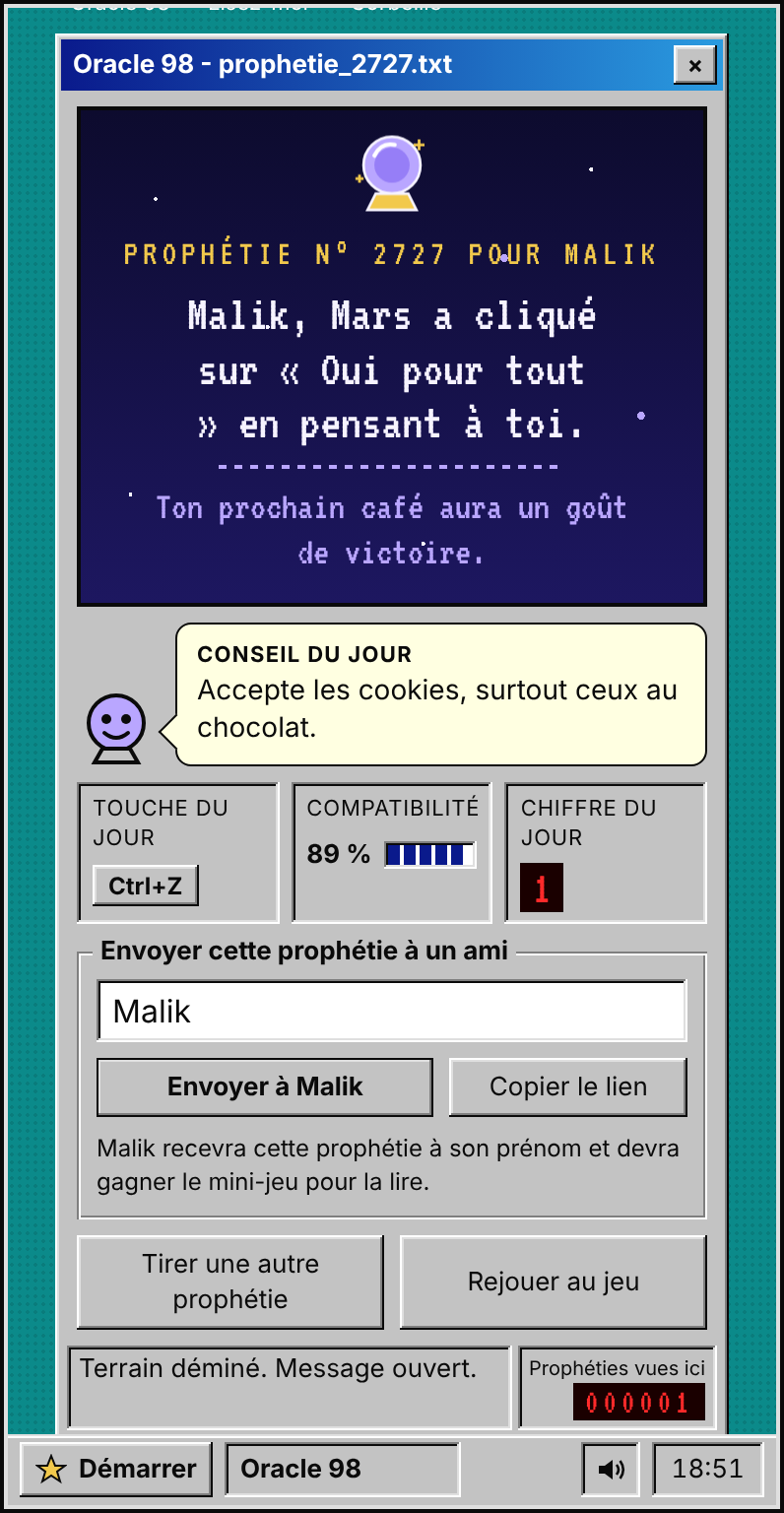 L'écran Envoyer à un ami d'Oracle 98 : un champ prénom et les boutons pour partager ou copier le lien