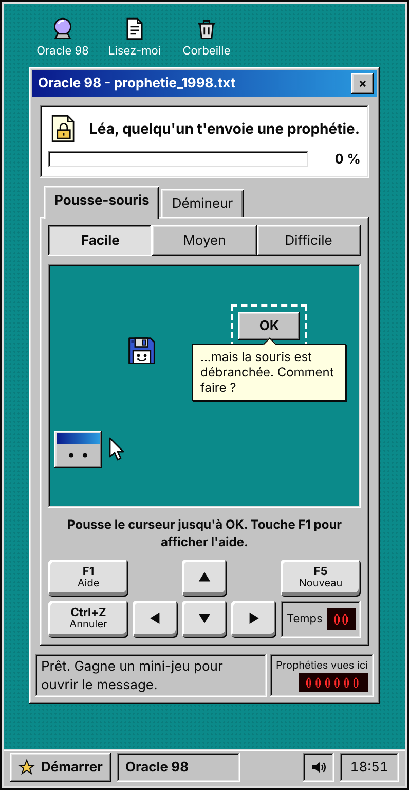 Oracle 98 sur mobile : le fichier prophetie_1998.txt de Léa est verrouillé, avec le texte caviardé et le choix entre deux mini-jeux