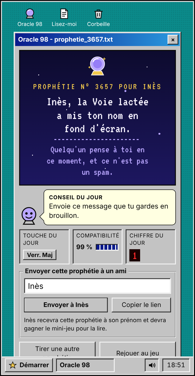 La prophétie d'Inès révélée dans Oracle 98, sur fond de nuit étoilée, avec son conseil du jour