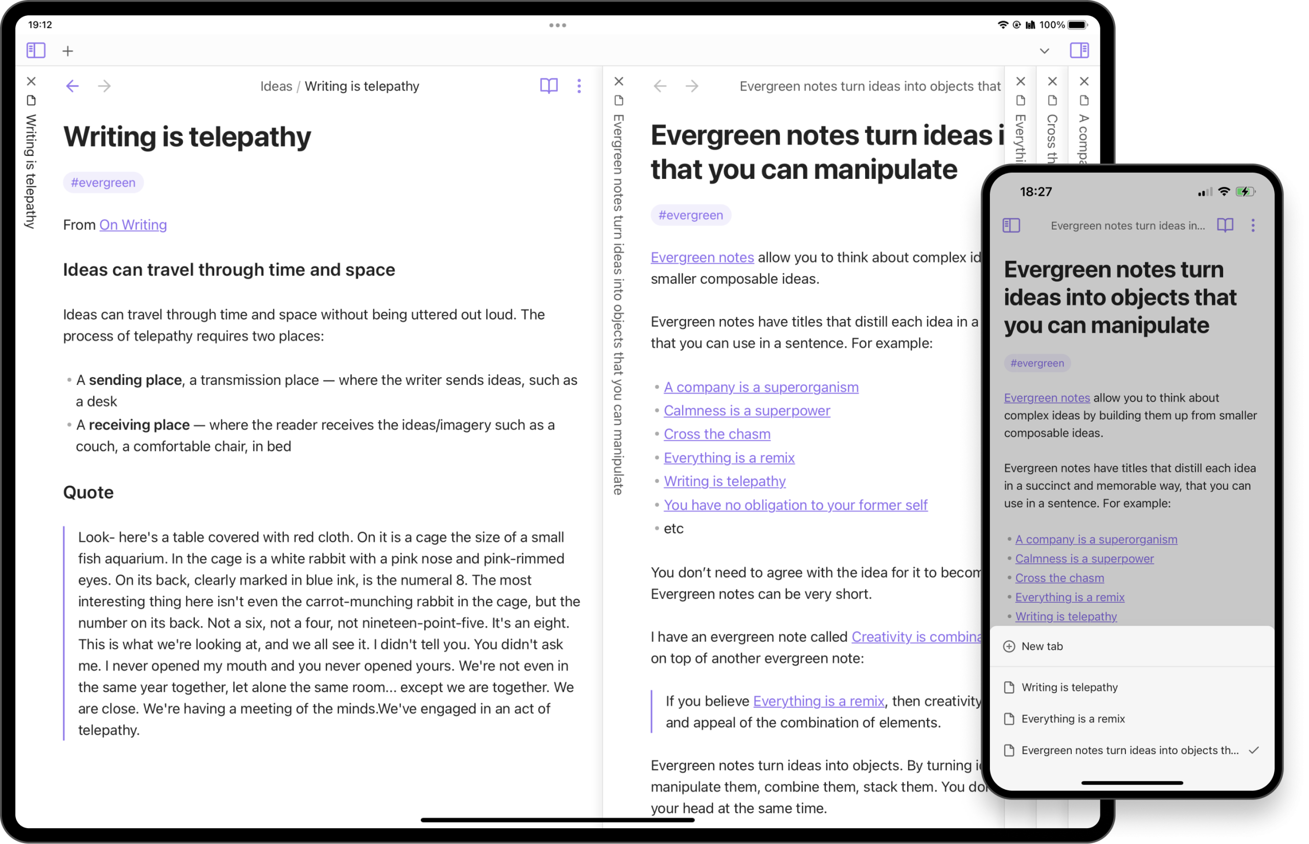 Capture d'Obsidian sur tablette et téléphone : une note en Markdown avec ses liens