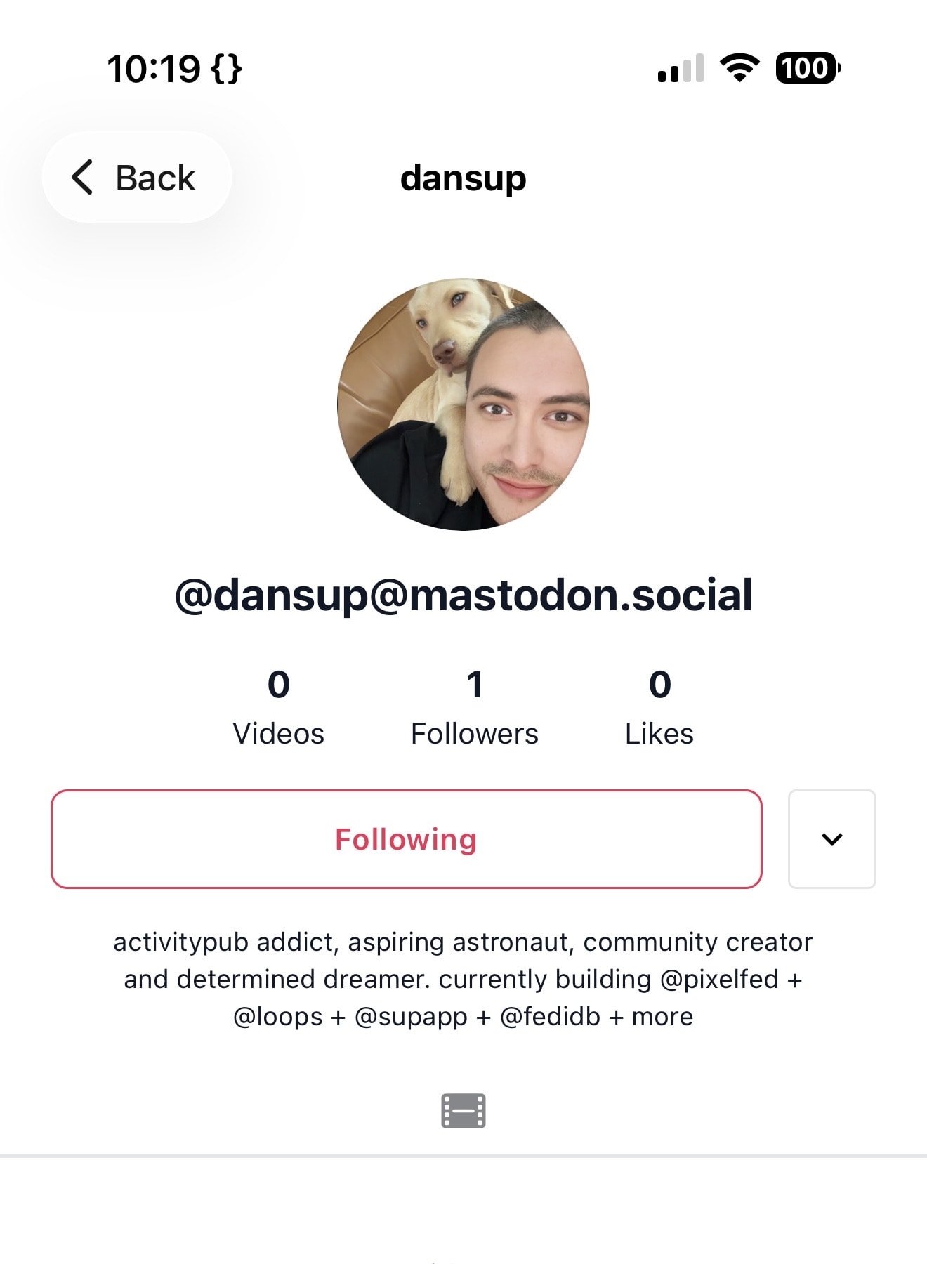 Capture de Loops : un compte relié à Mastodon et Pixelfed dans le fediverse