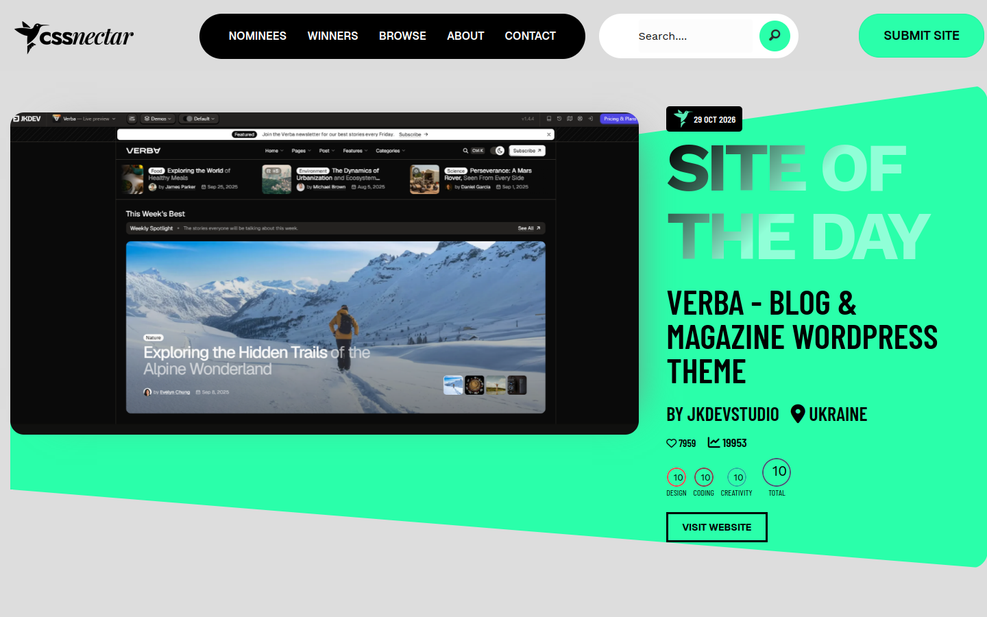 Capture de CSS Nectar en octobre 2026 avec le site du jour noté par un jury