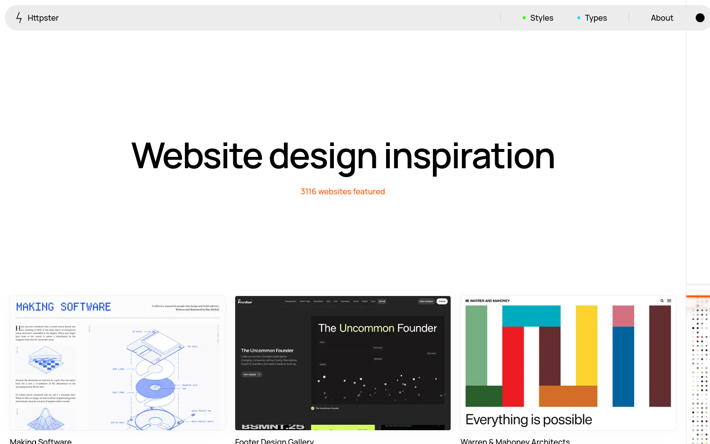 Capture de Httpster en octobre 2026, sélection de sites web audacieux et expérimentaux