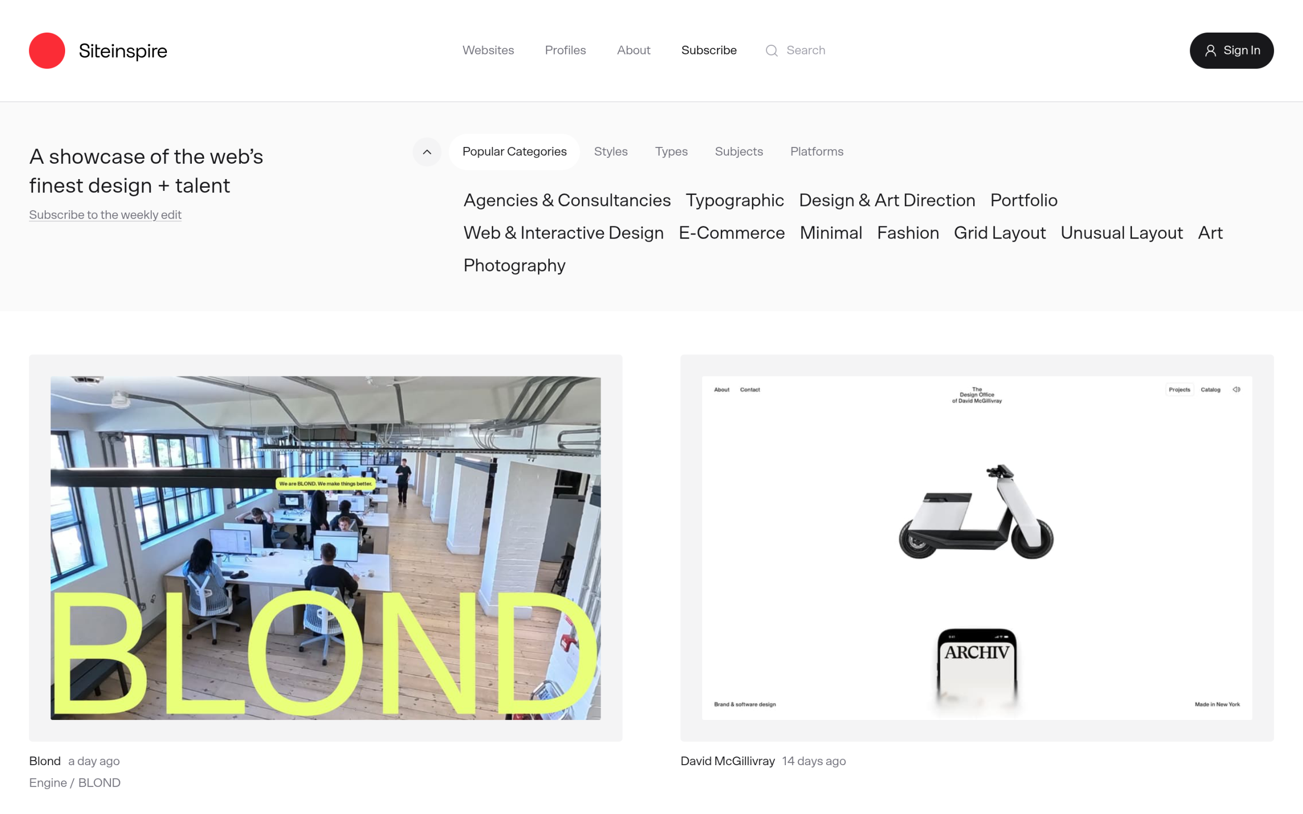 Capture de la page d'accueil de siteInspire en octobre 2026, galerie de sites web minimalistes