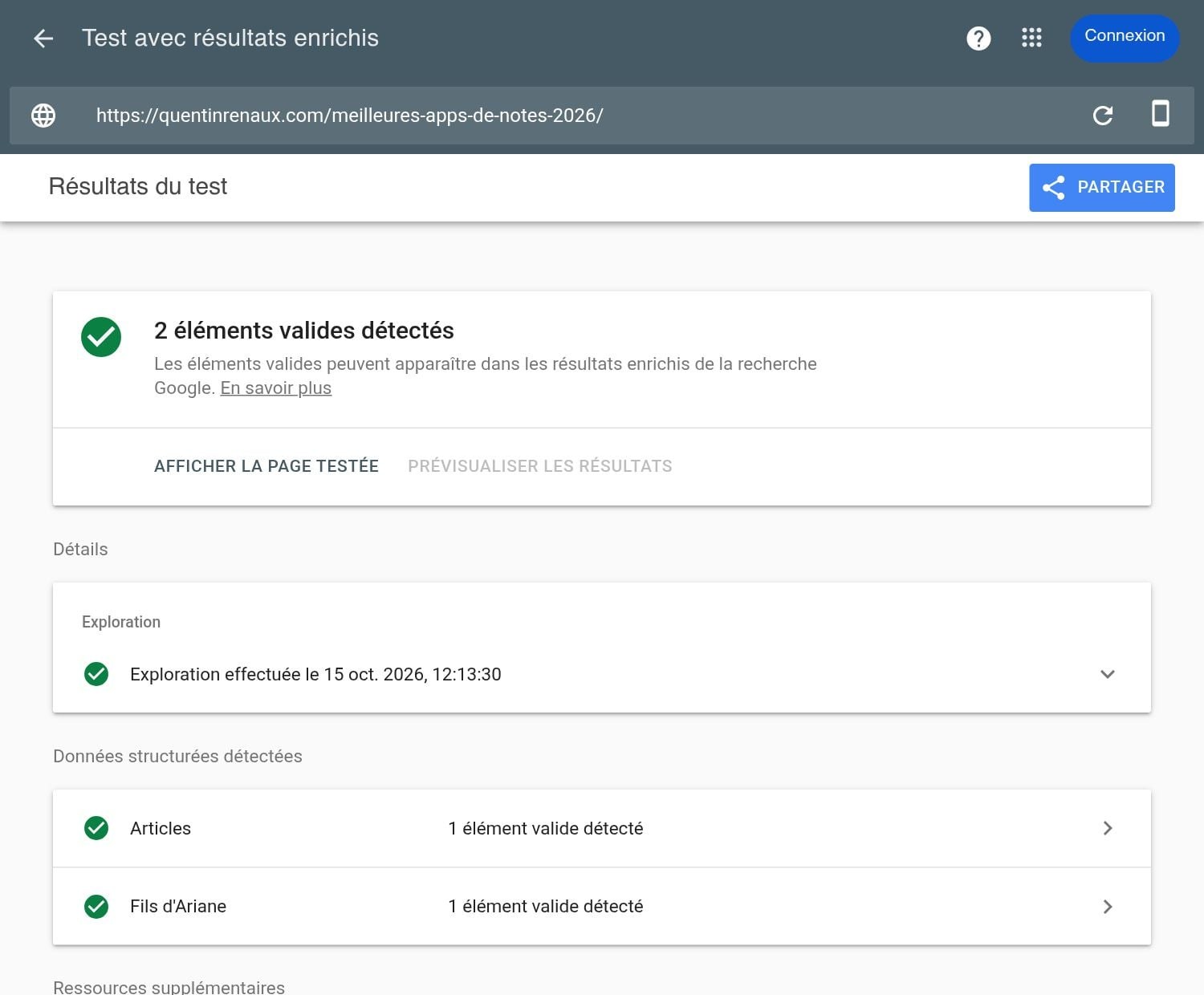 Capture du Test des résultats enrichis de Google sur un article de quentinrenaux.com : 2 éléments valides détectés, Articles et Fil d'Ariane