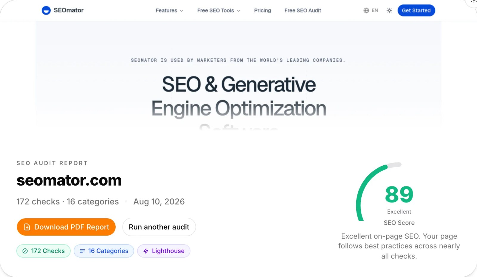 Capture officielle du rapport d'audit SEO gratuit de SEOmator : 172 contrôles en 16 catégories, note SEO de 89 et bouton d'export PDF