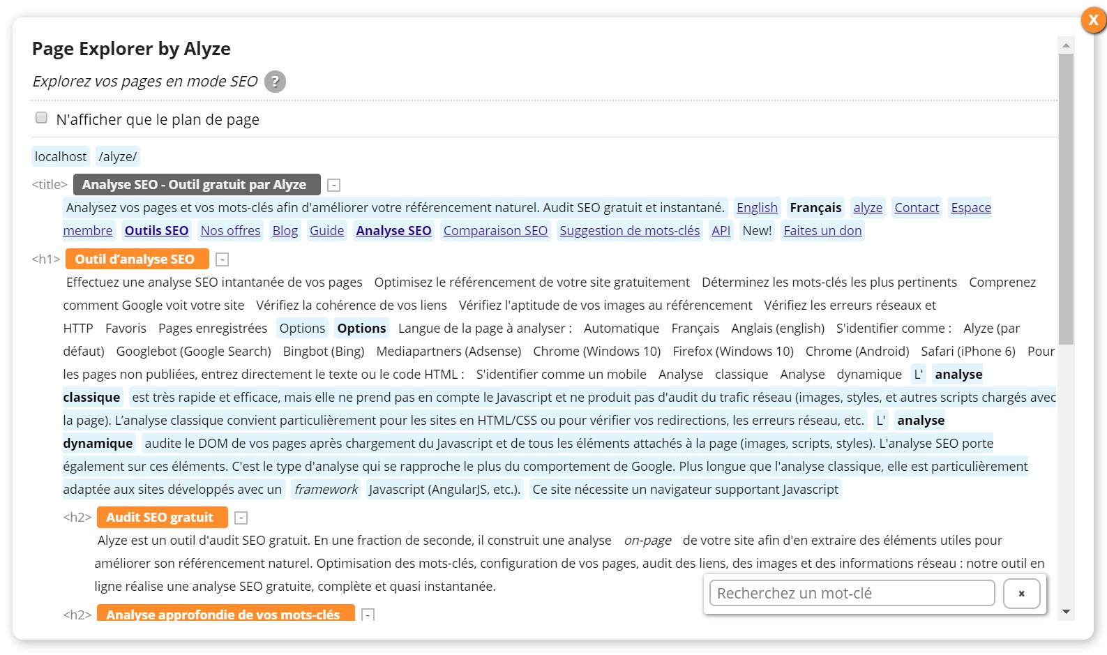 Capture officielle du Page Explorer d'Alyze : le texte d'une page analysée, avec ses balises et mots-clés surlignés