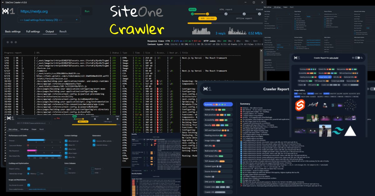Visuel officiel de SiteOne Crawler : l'application de bureau, l'analyse en ligne de commande et le rapport HTML