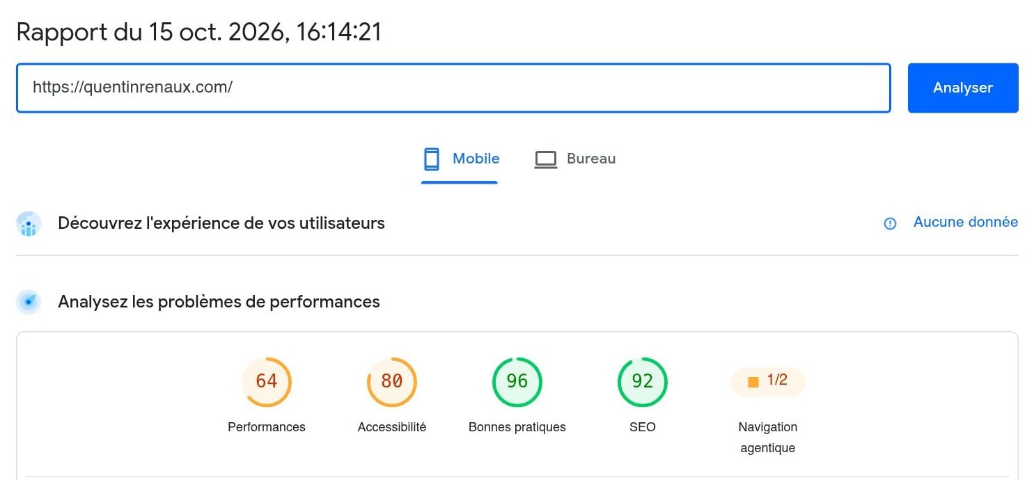 Capture de PageSpeed Insights sur quentinrenaux.com en mobile : performances 64, accessibilité 80, bonnes pratiques 96, SEO 92, navigation agentique 1/2