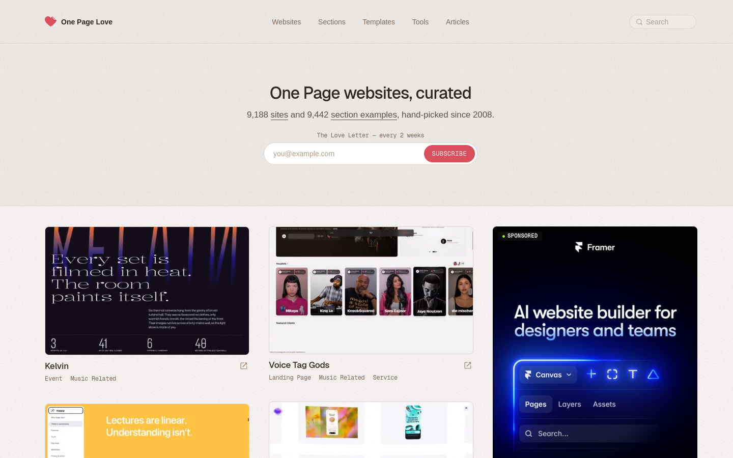 Capture de One Page Love en octobre 2026, vitrine de sites web d'une seule page